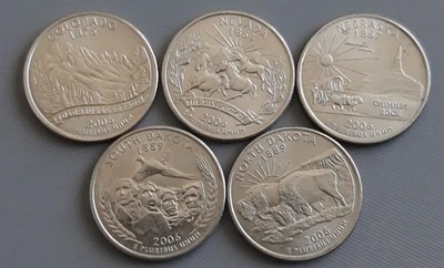 2006 P States–set 5 Coins. Nebraska. Colorado. Nevada. S. Dakota. N. Dakota. XF - Image 1 of 2