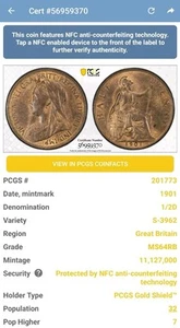 1901 1/2D Great Britain -PCGS MS64BN S-3962 #4313 - Picture 1 of 3