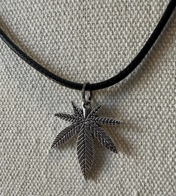 Silvertone Marijuana Pot Cannabis Hemp Pendant On Black Leather Cord Necklace - Image 1 of 4