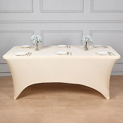 Beige 8 ft RECTANGLE SPANDEX STRETCH TABLE COVER Fitted Tablecloth Wedding - Image 1 of 4