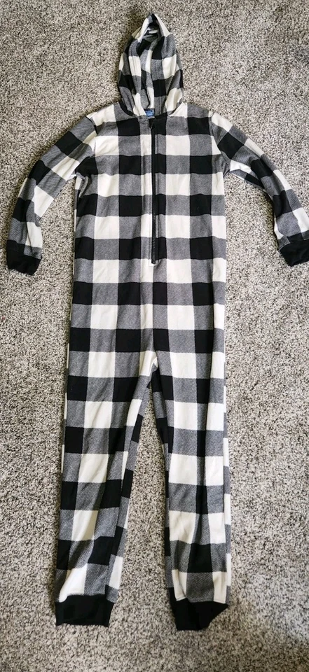 Traje de pijama con capucha manga larga a cuadros búfalo negro azul marino antiguo para niños talla 10/12 Foto 1 de 1