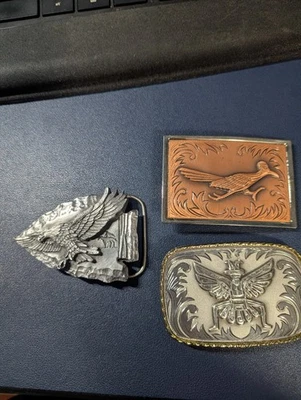 Lot Of Three Vintage Silver Plate Belt Buckle, Men's Buckle, Silver, Western  - Image 1 of 4