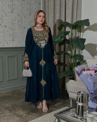 Terciopelo Ropa Islámica Noche Caftán Abaya Mangas Largas Abaya Caftán Batas Foto 1 de 4