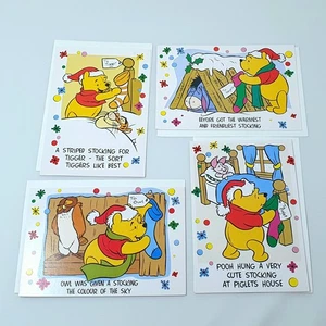 4x Vintage WINNIE THE POOH Family Christmas Cards - Xmas Stockings - Picture 1 of 1