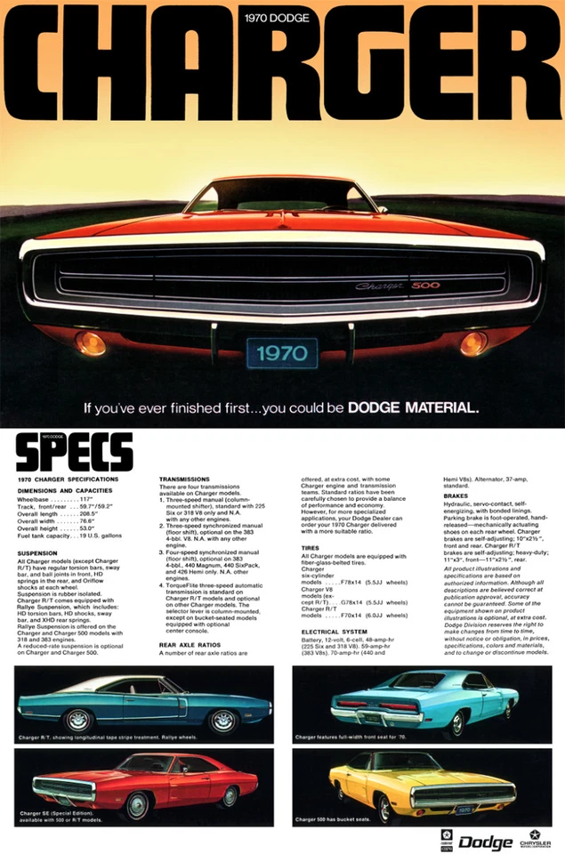 13x19 1970 DODGE CHARGER 500 R/T MOPAR BROCHURE AD POSTER 383 440 426 HEMI SE - Image 1 of 1