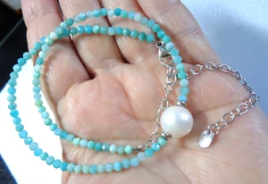 Collana girocollo LUCAS LAMETH LUC firmato, sterling 925 timbrato, FWP, perle di vetro semi - Foto 1 di 3