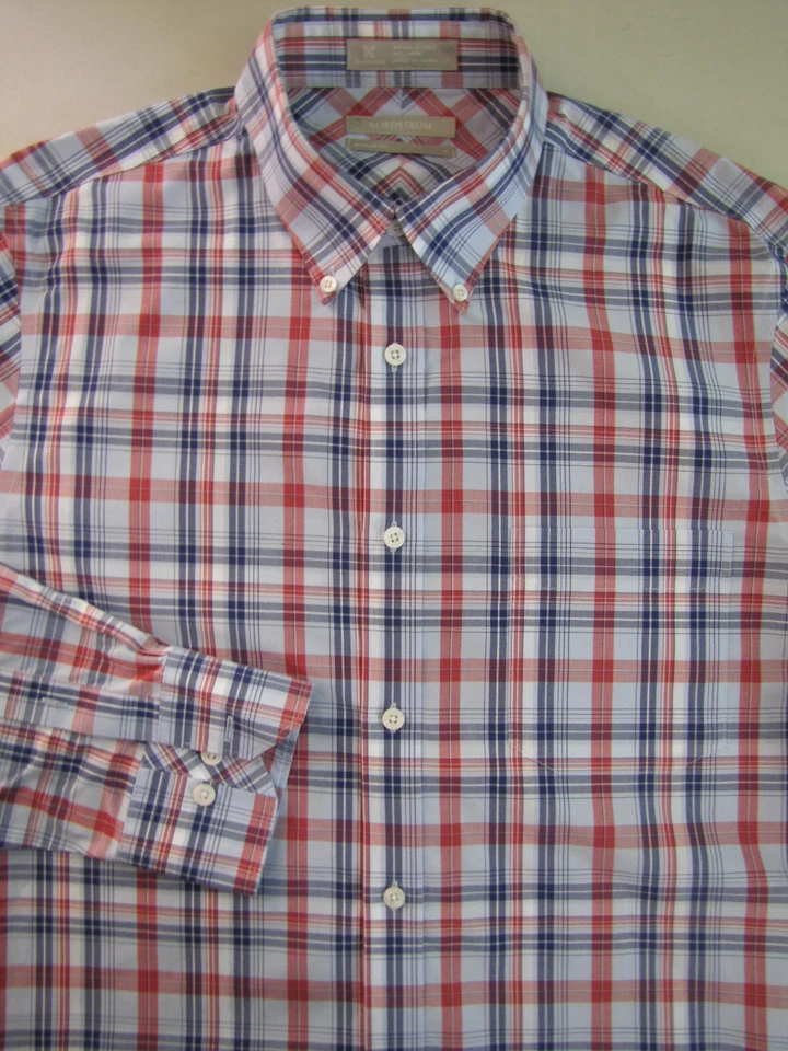 Camisa de Vestir NORDSTROM Para Hombres Talla GRANDE Calce Regular Rojo Blanco Azul Cuadros Foto 1 de 1