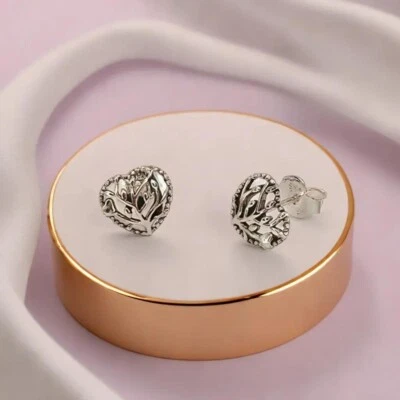 Silver Family Tree Heart Stud Earrings, Modern Heart Studs, Symbolic Family Bond - Image 1 of 4