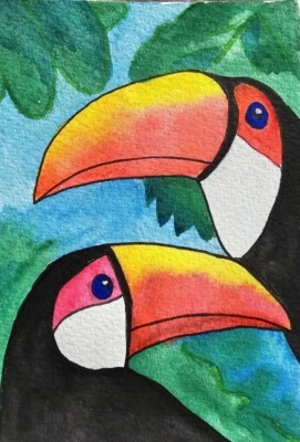 Pintura de pájaro tucán con plantas tropicales arte acuarela original de EE. UU. Foto 1 de 4