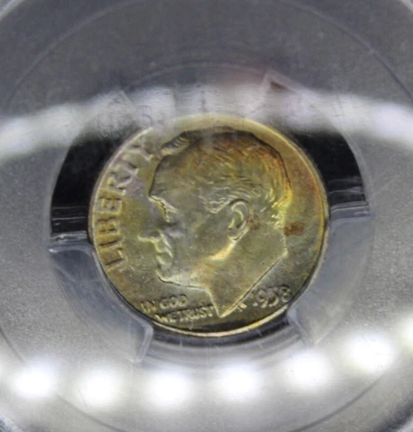1958 Toned Roosevelt Silver Dime Coin Graded PCGS MS 66 Rainbow Color Toning Cover