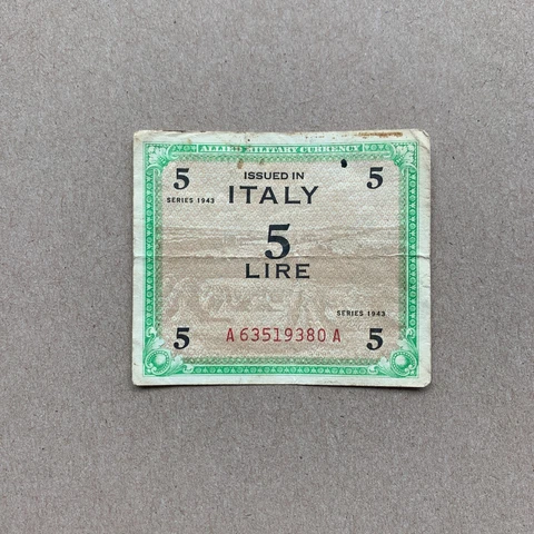 WW2 Italian 5 Lire 1944 Allied Occupation Currency Italy Banknote WWII WW2 Note Cover