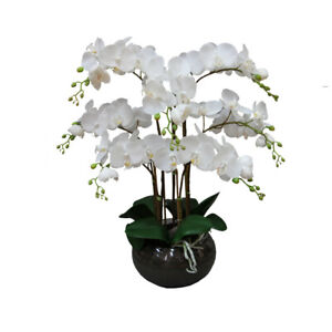 Hermosa Seda verdadero toque White Orchid disposición en Gris Espejo Florero