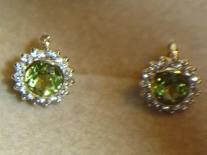 EUROPEAN 14k Y/G NATURAL PERIDOT DIAMONDS CABOCHON EARRINGS - Picture 1 of 12