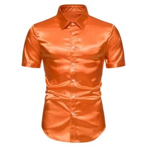 Uomo Raso Camicia Lucido con Bottoni Manica Corta Slim Fit Ufficio Formale Club - Foto 1 di 24