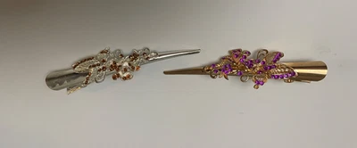 Hair Clamps 2 Purple Butterflies Rhinestones Silver Gold Tone Metal Sparkly - Image 1 of 4