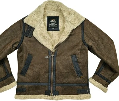 HOT Men ALPHA INDUSTRIES B-3 BOMBER SHERPA LINED BROWN LEATHER Jacket L (*Fit M) - Image 1 of 4