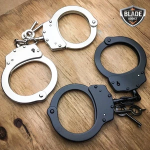 Vernickelte Polizei Handschellen echt + Schlüssel 2 Stück Profi Doppelverschluss Stahl - Bild 1 von 4
