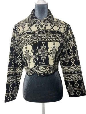 Винтажный Flashback Aztec укороченный куртка средний черный и белый 100% хлопок - Изображение 1 из 4