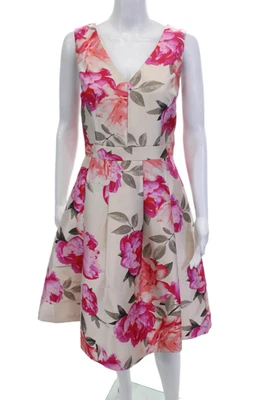 Eliza J Womens Floral Print V Neck Pleated A Line Dress White Pink Size 10 - Image 1 of 4