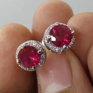 2 Ct Simulated Ruby & Zircon Halo Stud Earrings 14Kt White Gold Plated Silver - Picture 1 of 9