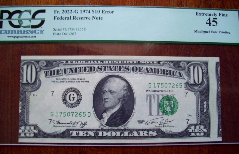 (FR.2022-G) 1974 $10 ERROR - MISALIGNED FACE PRINTING (PCGS  XF 45) - Image 1 of 2