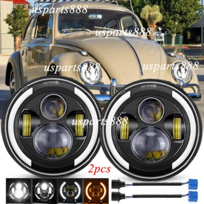 Faros LED redondos de haz alto/bajo halo de haz alto/bajo de 7 pulgadas 2 piezas aptos para VW Beetle 1950-1979 con DRL Foto 1 de 4