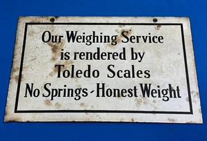 C.1930 Toledo Scales Porcelain Sign ~ Authentic, Pressed Lettering, Old Grommets - Picture 1 of 19