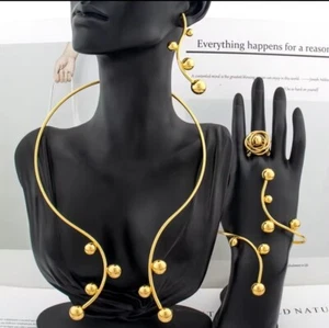 24k Dubai Gold Plated Jewelry Choker,Earrings,Ring Indian Elegant African Set - Picture 1 of 5