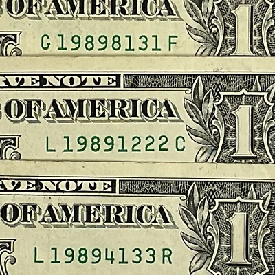 Lote de 3 billetes de dólar número uno serie elegante líder año 1989 fecha Foto 1 de 4