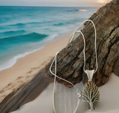 Árbol de la vida de ágata de musgo - envuelto en alambre - collar colgante - plateado Foto 1 de 3