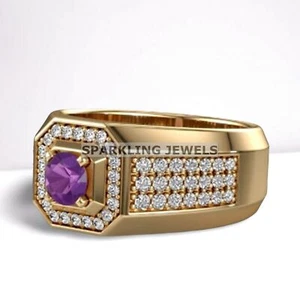 VVS Amethyst Round Cut With 925 Silver Gold Plated Ring For Men #B253 # - Picture 1 of 6