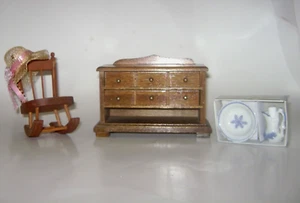 Vintage Dollhouse Furniture Rocking Chair 1970's Walnut Bureau Pitcher & Bowl - Picture 1 of 4