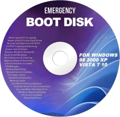 DVD For Windows Emergency Boot Disk For Windows 98, 2000, XP, Vista, 7, 10 PC Re - Image 1 of 4