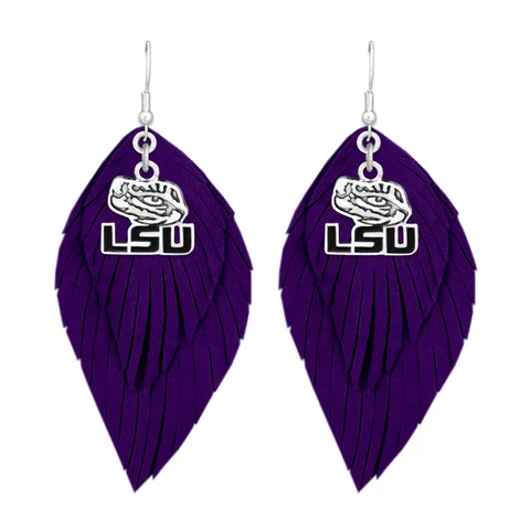 43373 LSU Tigers Boho Earrings with Purple Suede Leather Cover
