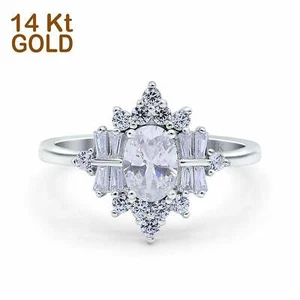 14K White Gold Oval Cut Halo Vintage Bridal Wedding Engagement Ring Simulated CZ - Picture 1 of 3
