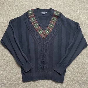 Vintage 90s Nautica Argyle Sweater Mens Large Navy Cable Knit - Picture 1 of 9