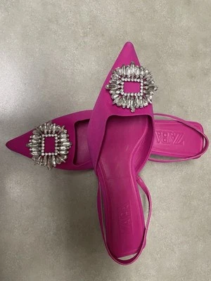 New Zara Embellished Heeled Slingbacks Pink Fushia SZ 38 Rhinestone Pointed Toe - Image 1 of 4