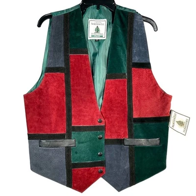 Northwest Territory 拼布麂皮绒皮革背心 1X 红色绿色灰色女式 90 年代 — 第 1/4 张图片