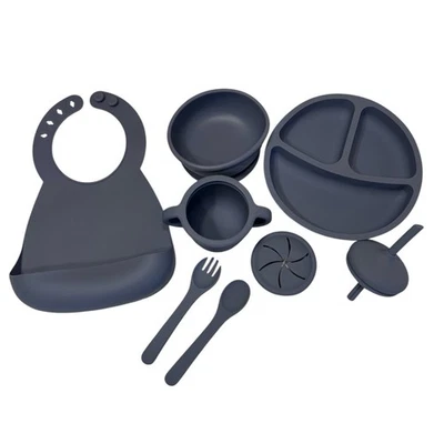 Juego de alimentación de bebé de silicona de 9 piezas plato tazón taza babero cuchara succión sin BPA Foto 1 de 4