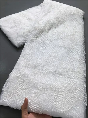 High Quality Pearl Studded Embroidered Bridal French Lace Fabric 5Yards - Image 1 of 3