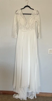 Merry’s Women’s Wedding Dress Sz 6 Bridal White Crochet V Neck Long Sleeves NWT - Image 1 of 4