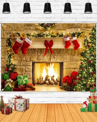 Telón de fondo de fotografía de chimenea de Navidad de 7x5 pies, fondo de vacaciones de caja de regalo de árbol Foto 1 de 4
