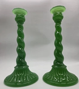 EAPG Northwood Glass No. 725 Candlesticks Circa 1920 Jade Green Glass - Picture 1 of 5