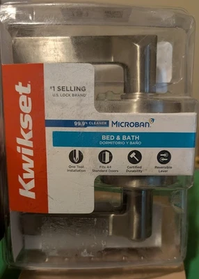 Palanca de puerta de baño/cama de privacidad redonda Kwikset Hollis níquel satinado 93002-929 Foto 1 de 4