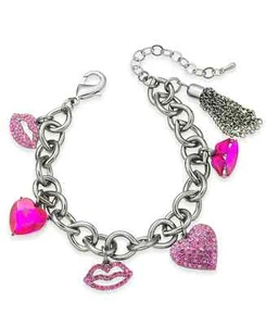 Thalia Sodi Silver-Tone Crystal Hearts & Lips Charm Bracelet, Pink - Picture 1 of 1