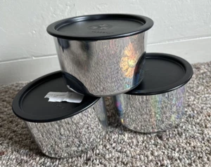 3 Tupperware Blumen Hologramm silber & schwarz 4 Tassen One Touch Kanister #2708/2421 - Bild 1 von 21