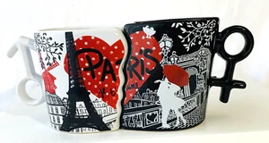 Par de tazas Paris France corazón partido enclavamiento conexión negro rojo - Imagen 1 de 7