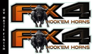 (2x) FX4 HOOK'EM HORNS Decals Truck bed Side Stickers 17"X5.5" - Picture 1 of 3