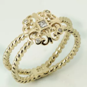 R096 Genuine 9K Yellow Gold NATURAL Diamond Fleur-de-lis Rope Ring size N - Picture 1 of 3