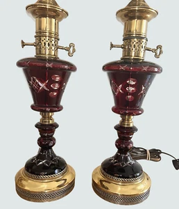 PAIR Vtg 1940's Cranberry Ruby Red Cut to Clear Glass Table Lamps Czech Bohemian - Picture 1 of 20